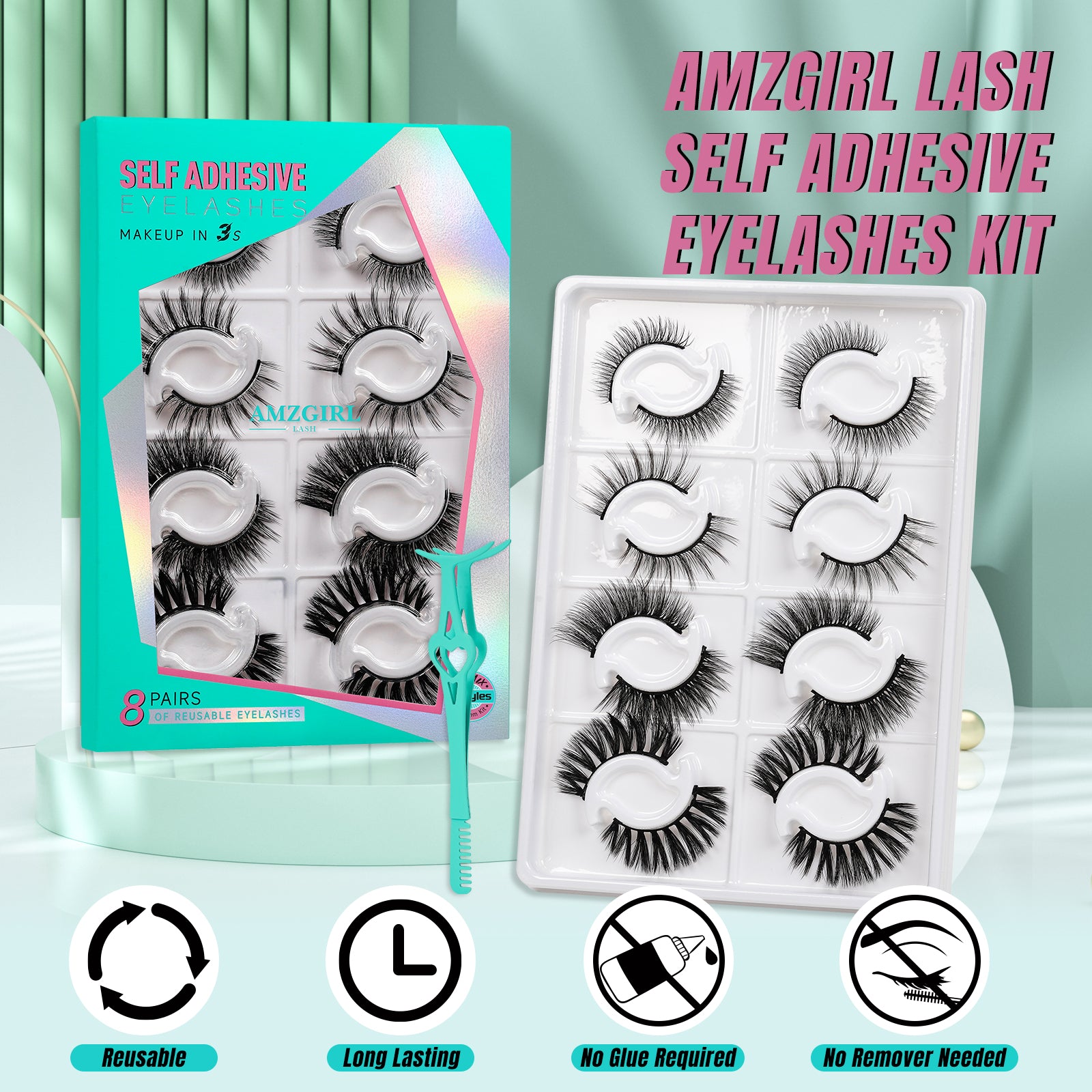 AMZGlRL 8 Pairs 4styles Self Adhesive Eyelashes No Glue Needed